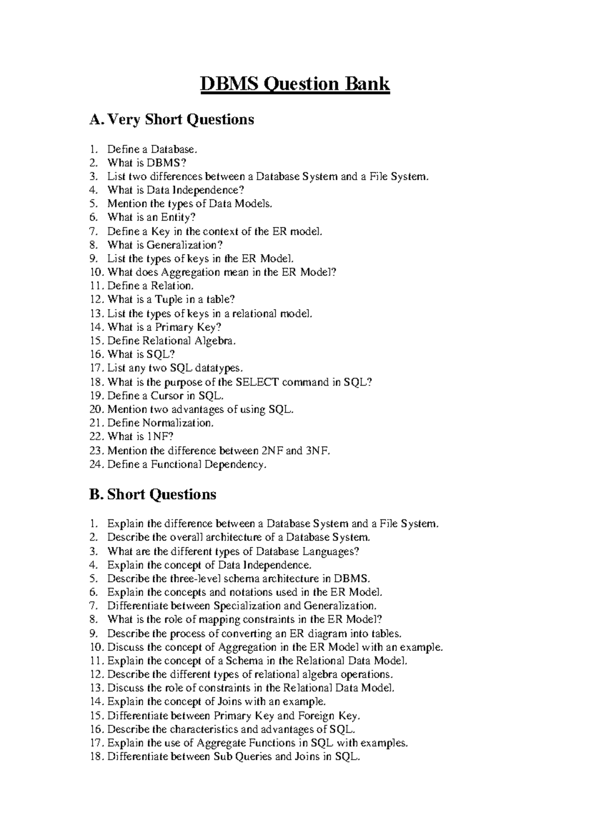 DBMS Question Bank - Just do it - DBMS Question Bank A. Very Short ...