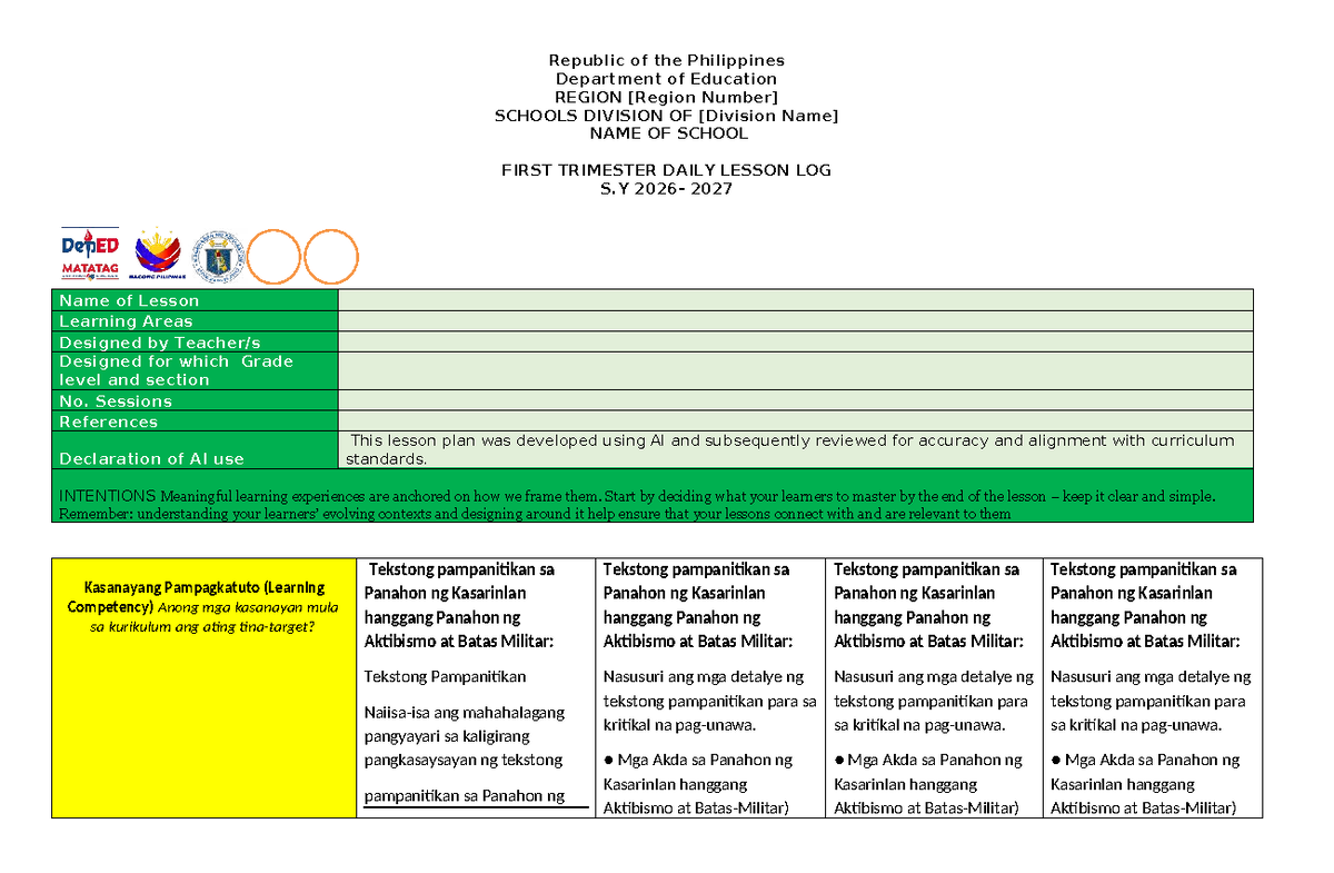 FIL 9 S.Y. 2027 First Trimester Daily Lesson Plan Week 1 - Studocu