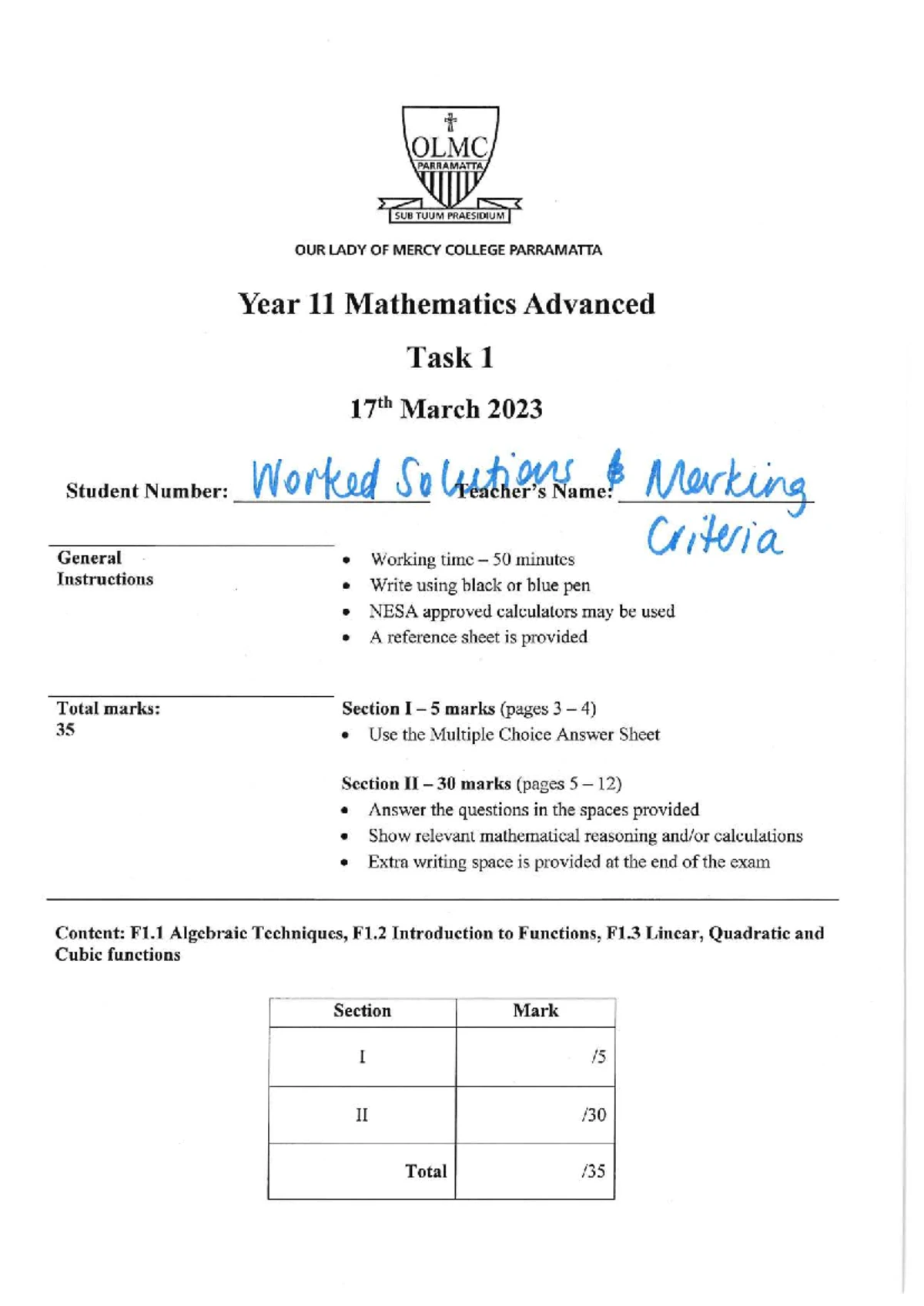 11MAT AT1 2023 - Year 11 Advanced Mathematics Task 1 Exam Guide - Studocu