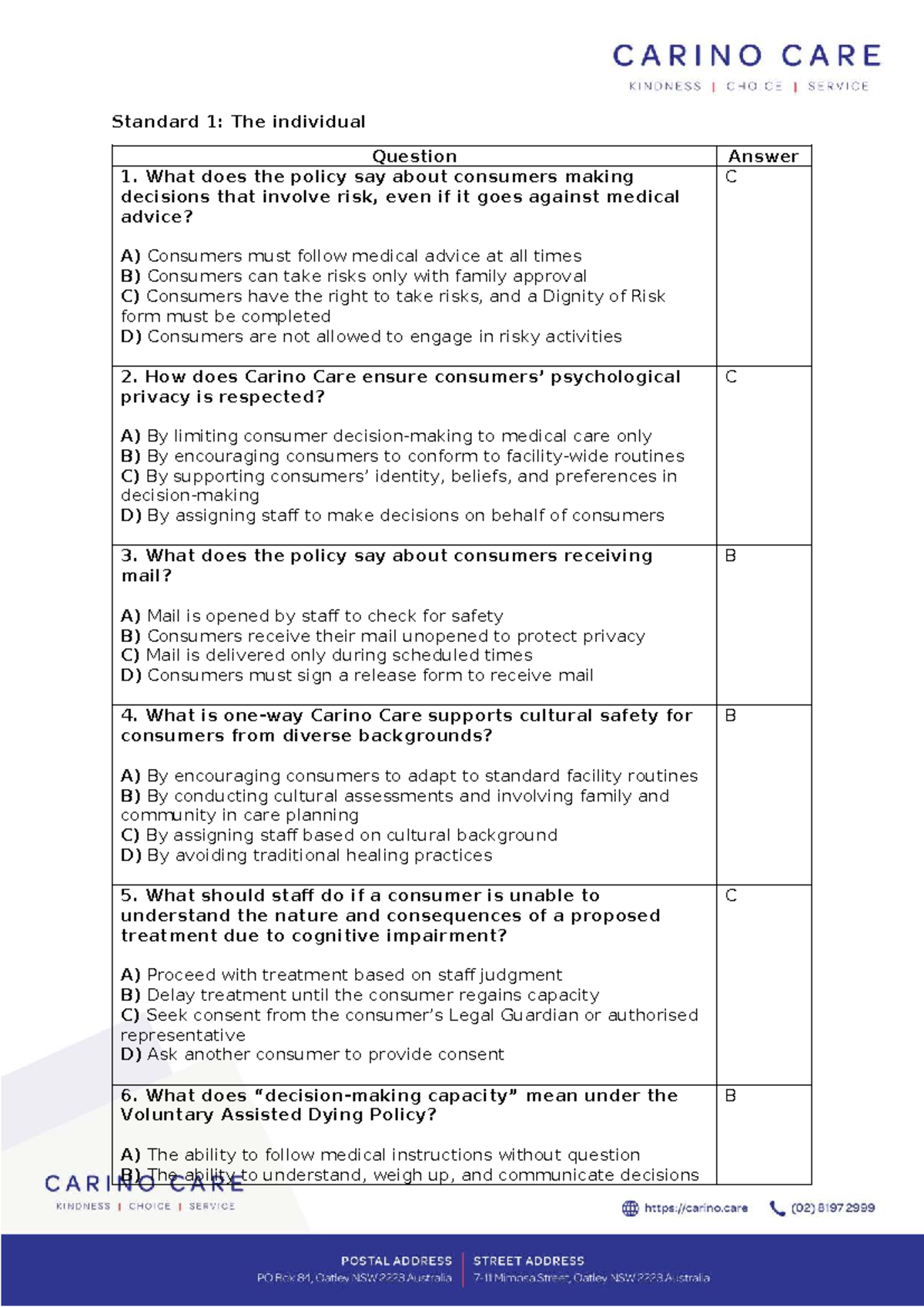 Standard 1 - The Individual: Quiz on Consumer Rights and Care Policies ...