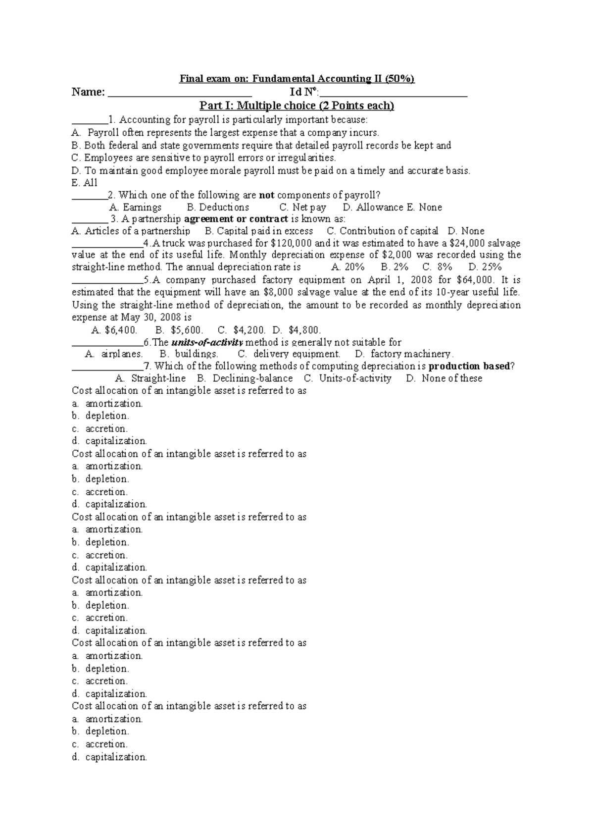 Final Exam - Fundamental Accounting II (ACC-202) Notes pdf - Studocu