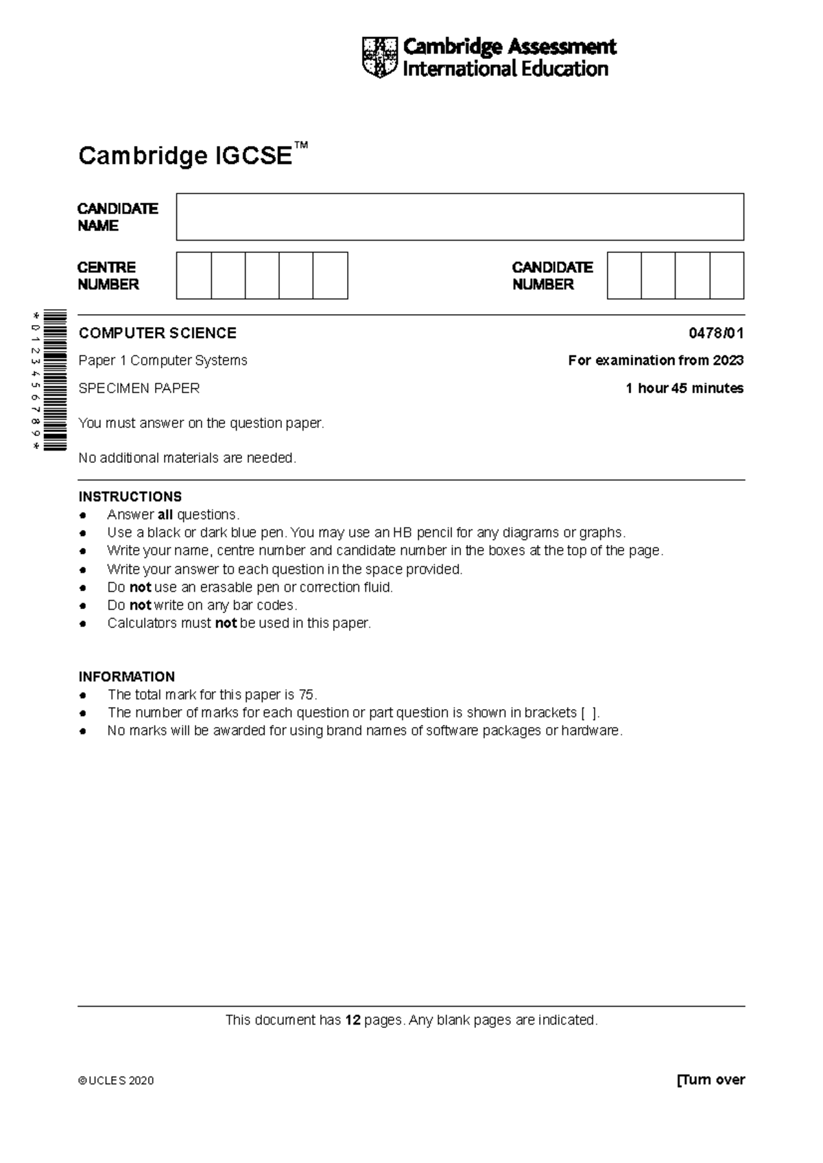 595592 2023 specimen paper 1 - COMPUTER SCIENCE 0478/ Paper 1 Computer ...
