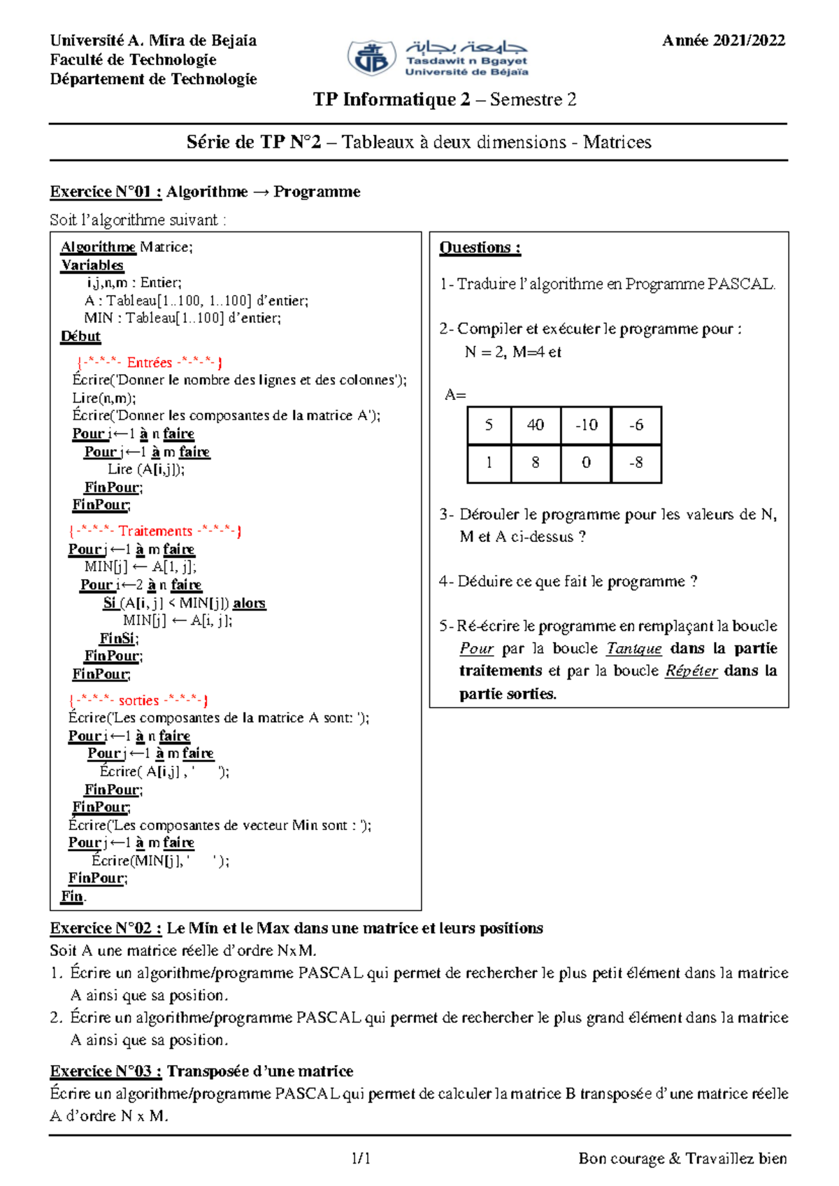 TP2 Informatique 2 - Exercices sur Matrices et Algorithmes PASCAL - Studocu