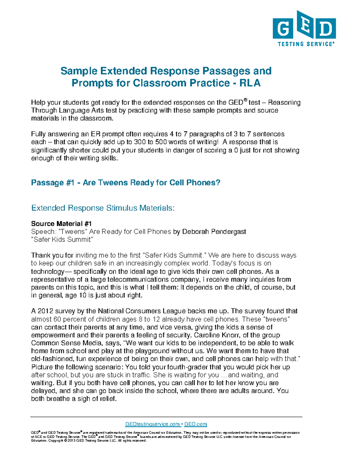 GED® Sample Extended Response Passages & Prompts for Classroom Practice ...