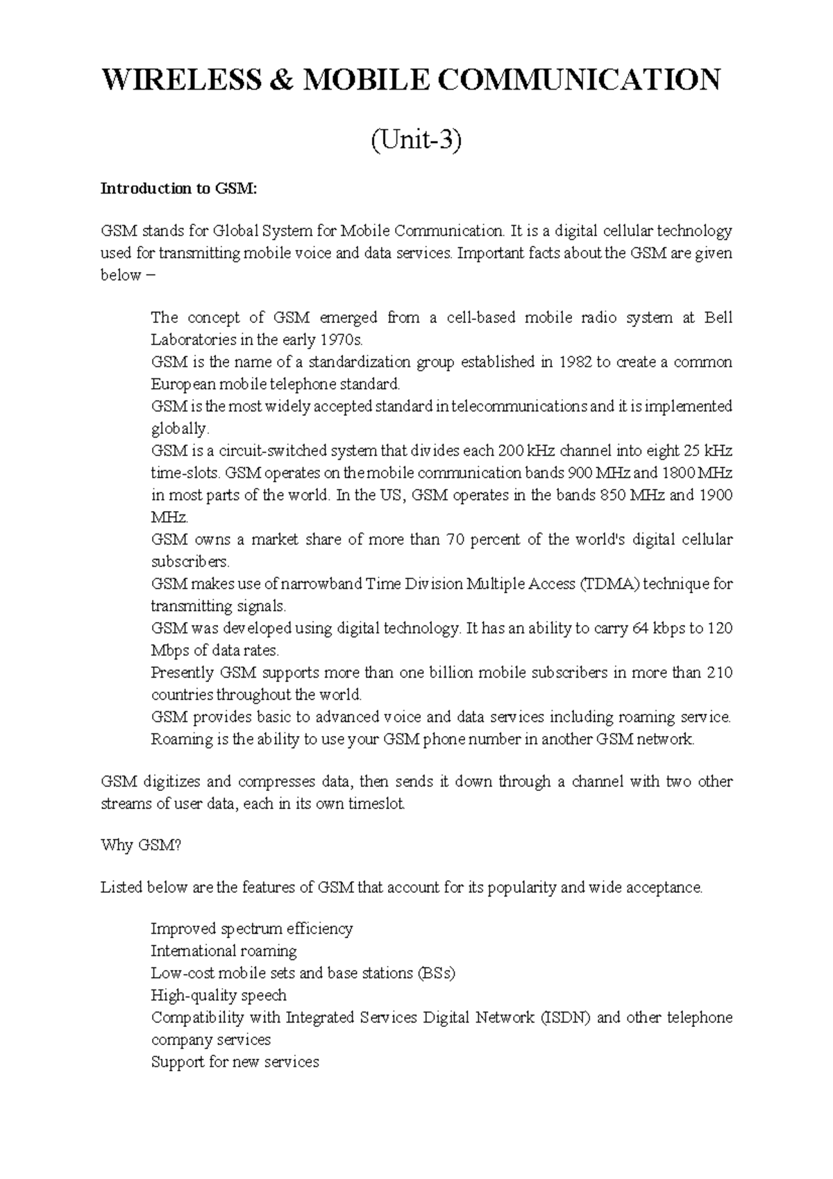 WMC U3 - Comprehensive Notes on GSM Technology and Architecture - Studocu
