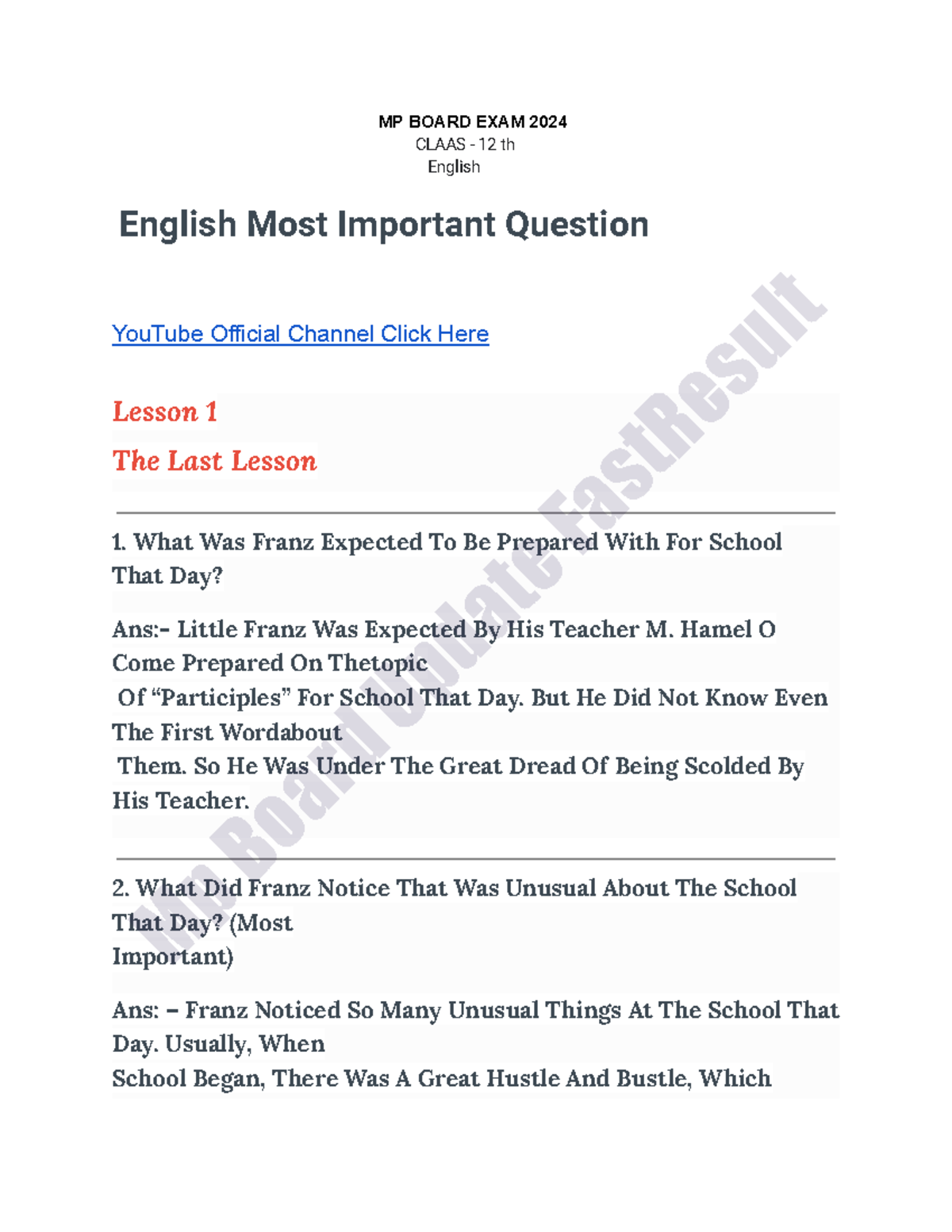 12th English Important Questions for MP Board Exam 2024 - Studocu