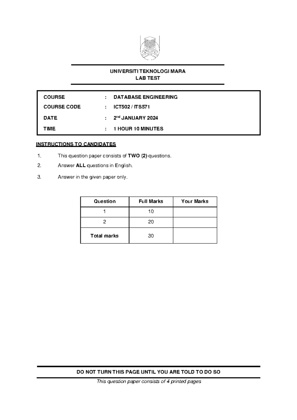 LAB TEST QUESTIONS - ICT502/ITS - DATABASE ENGINEERING - JAN 2024 - Studocu