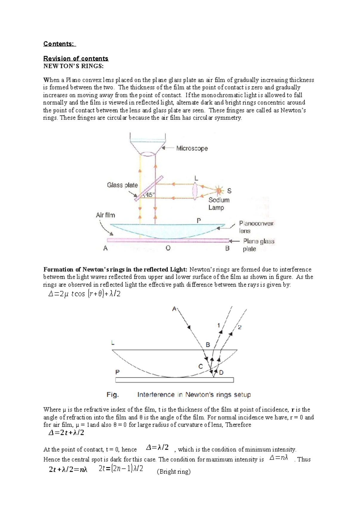 Newton's Rings Experiment Summary: Key Concepts and Formulas - Studocu
