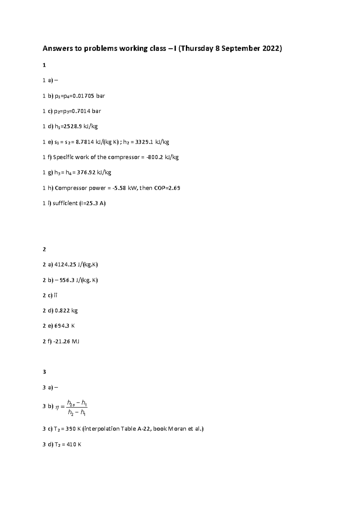 Answers to Problems - Working Class I (Sep 8, 2022) - Studeersnel