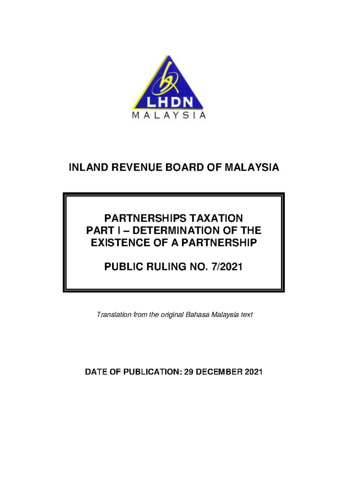 IRB Public Ruling No. 7/2021: Guidelines on Partnership Taxation - Studocu