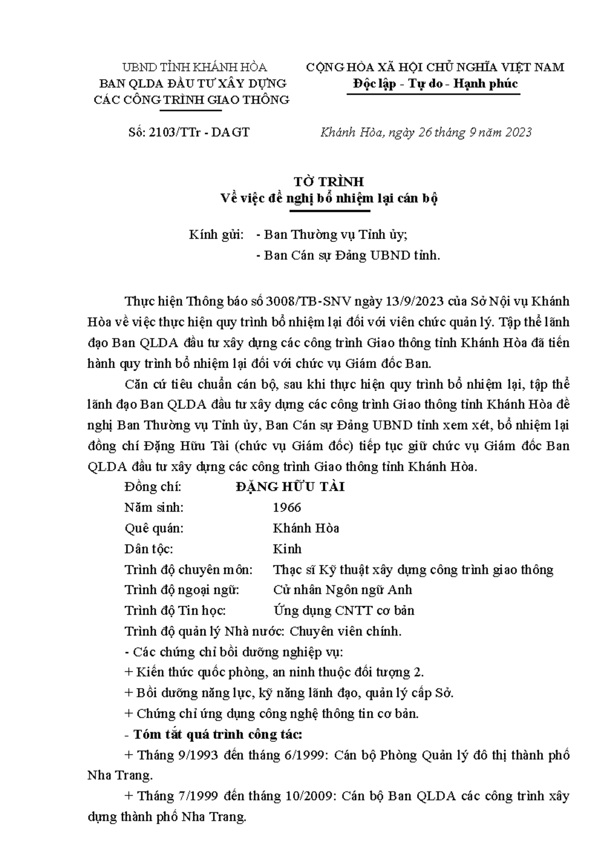 TỜ TRÌNH ĐỀ NGHỊ BỔ NHIỆM LẠI CÁN BỘ - DAGT 2103 - Studocu