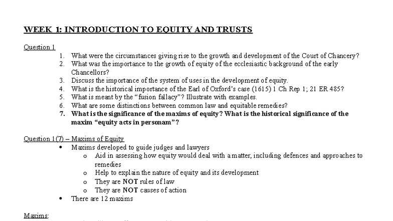 LLB205 Week 1: Intro to Equity & Trusts - Key Concepts & Questions ...