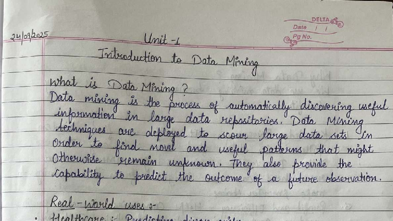 Data mining - Notes of unit 2 - Ir ~ Date I / @;-No. - • 0 ...