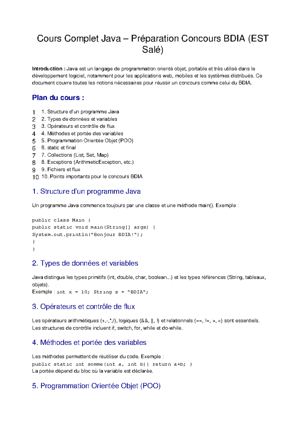 Cours Complet Java - Notes de Révision pour le Concours BDIA - Studocu