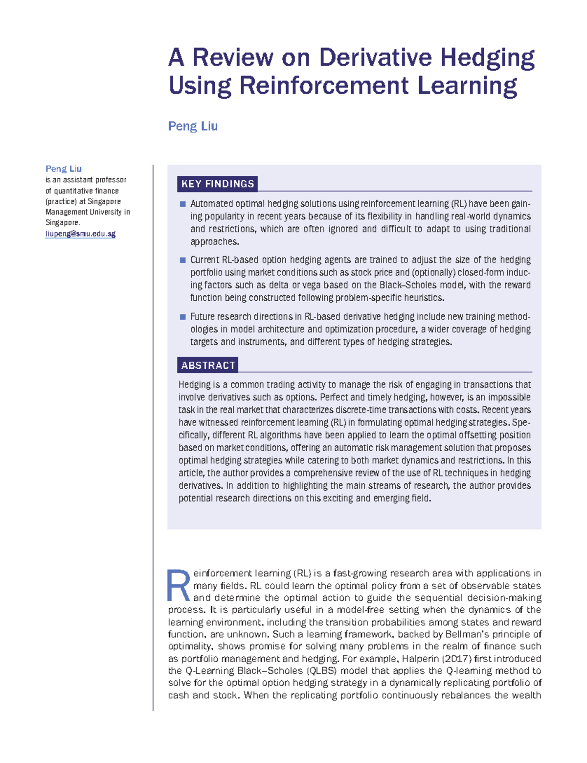 A Comprehensive Review of RL Techniques in Derivative Hedging (FIN 301 ...