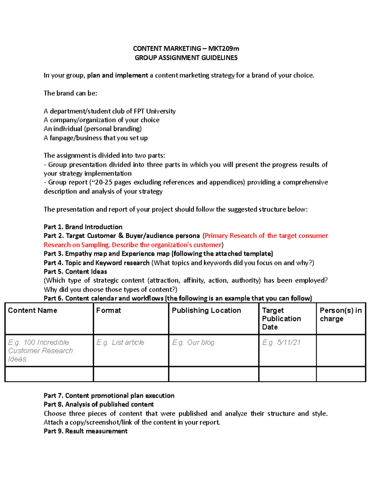 MKT209m Content Marketing Group Assignment Guidelines & Strategy - Studocu