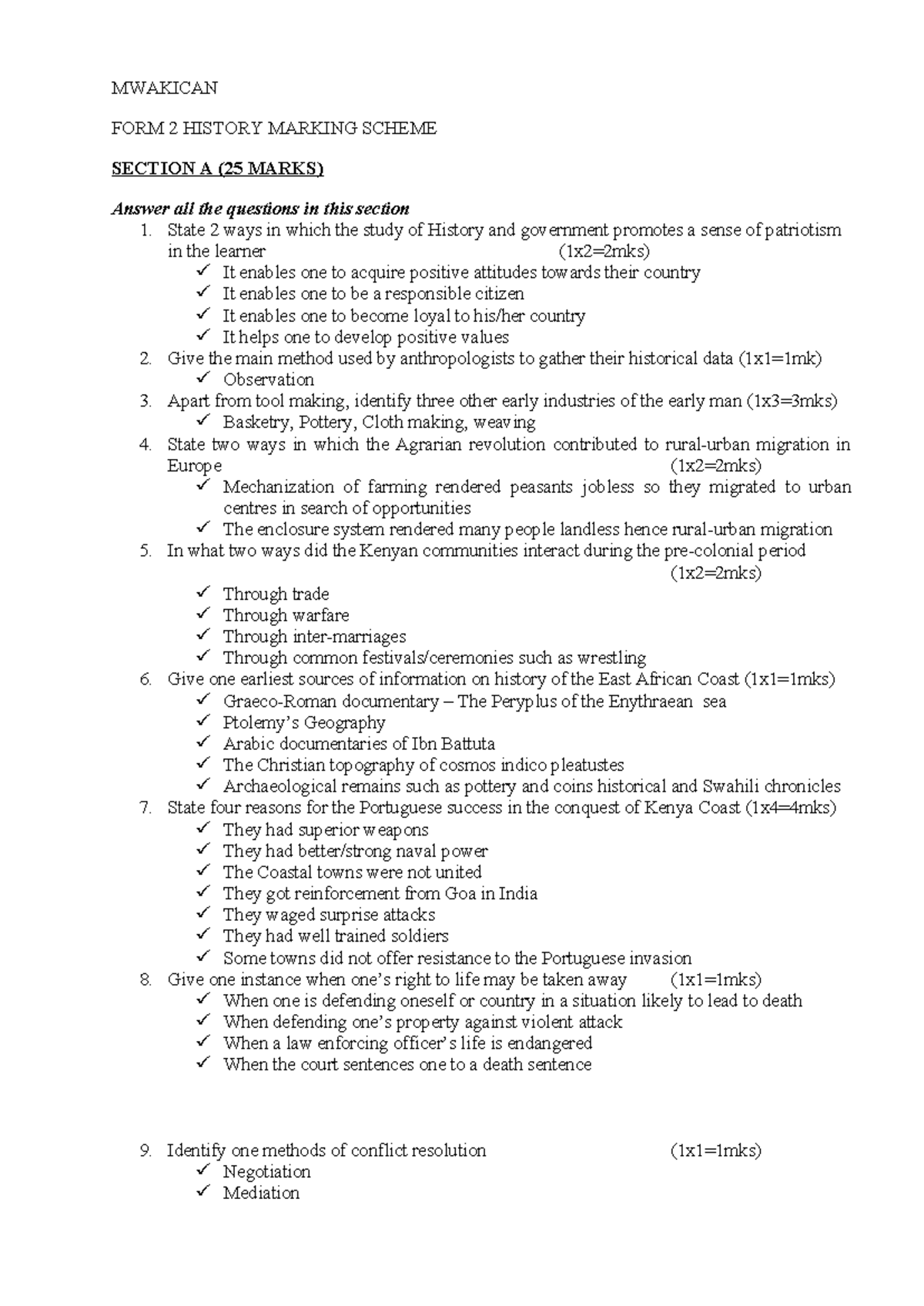 2882017 Form 2 History Marking Scheme and Answers - Studocu
