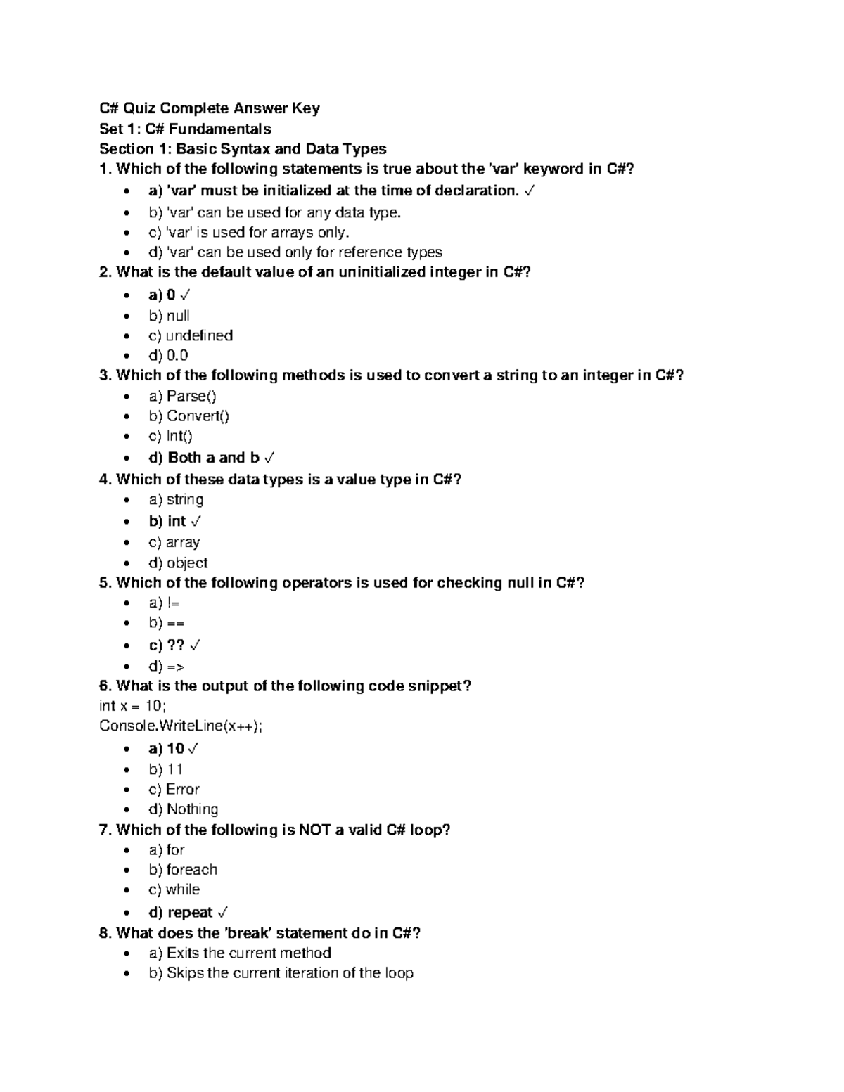 C# MCQs Quiz Answer Key Set 1: Fundamentals, Concepts & OOP - Studocu