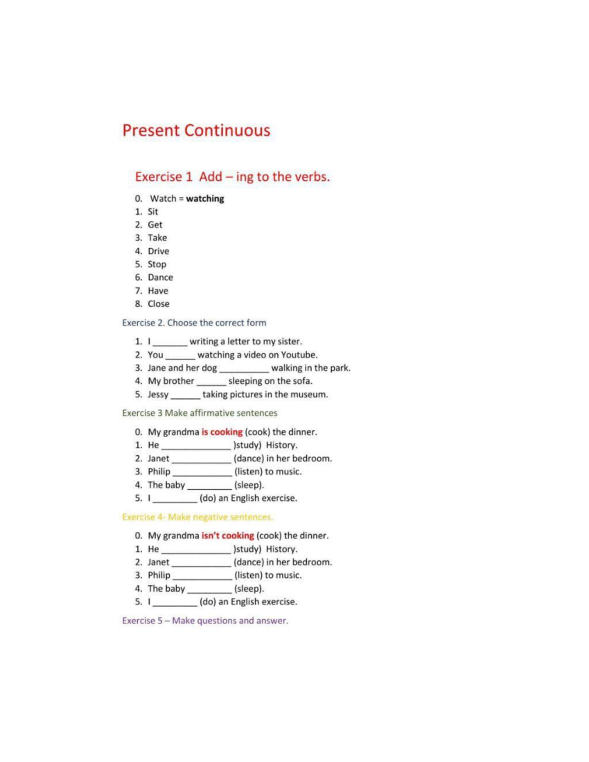 Present Continuous Exercises for English - Material de Inglés - Studocu
