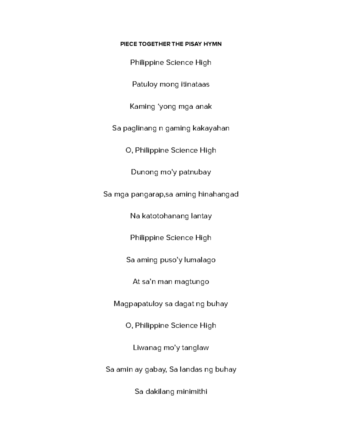 Document for All Game Questions Materials - PIECE TOGETHER THE PISAY ...