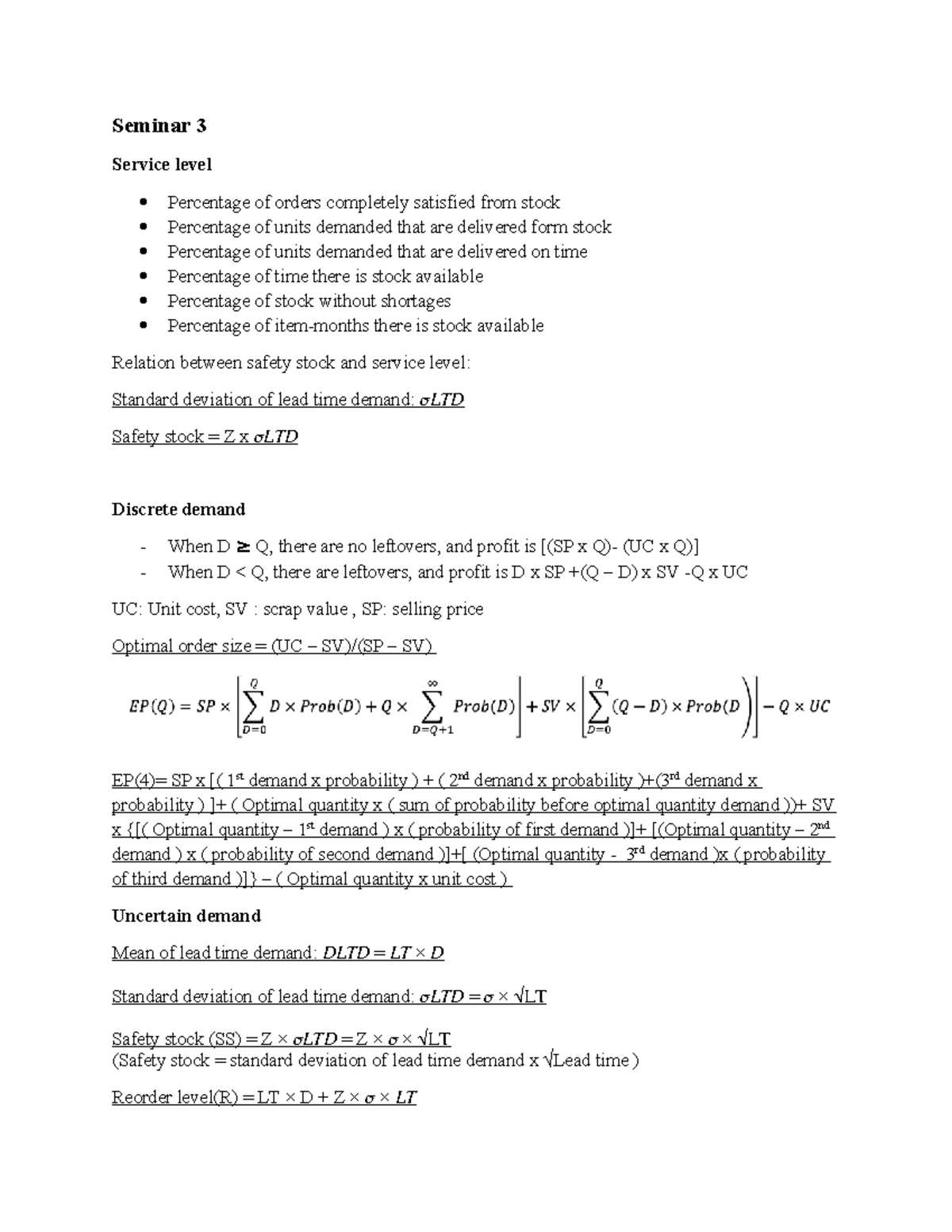 Seminar 3 - Service Level and Stock Management Notes - Studocu