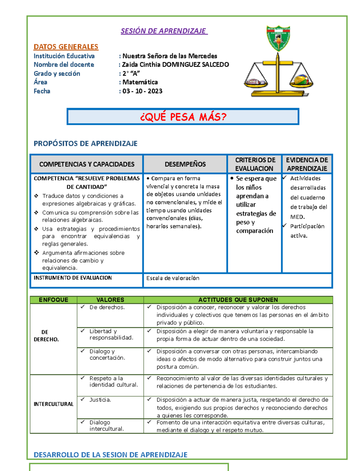 QUE PESA MÁS - Sesión de Aprendizaje en Matemática 2° “A” - Document Preview