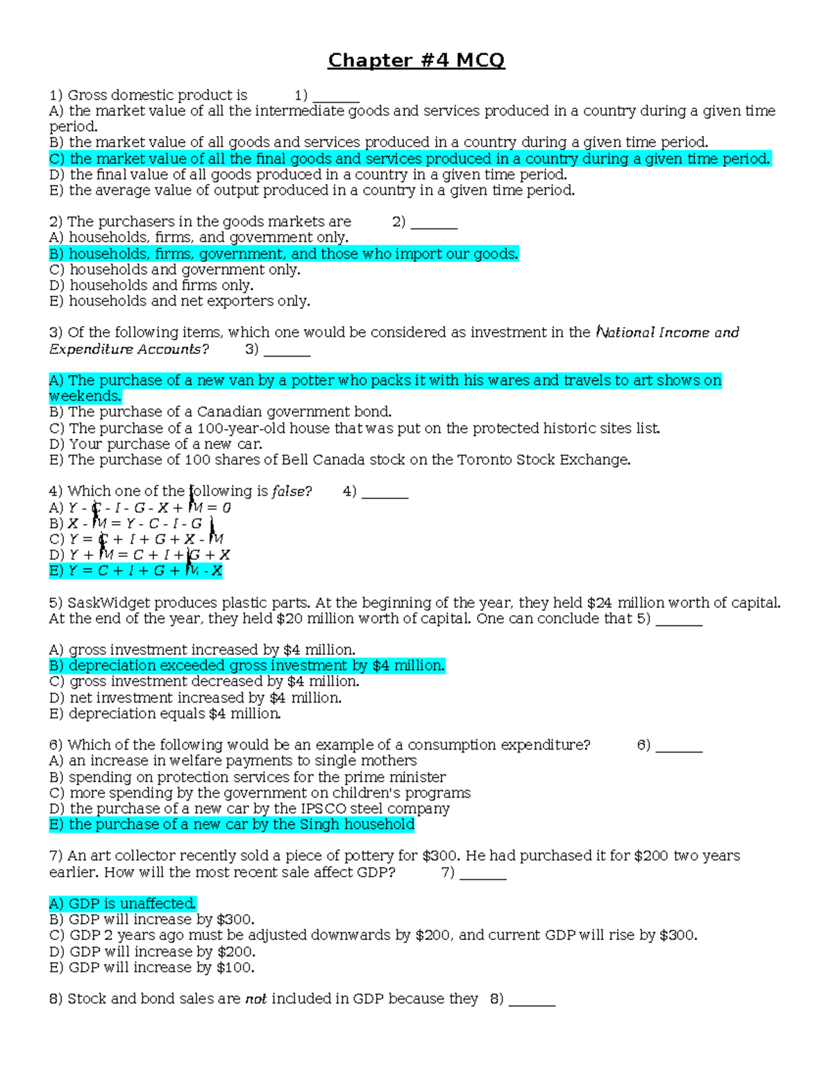 Chapter 4 MCQ: Understanding Gross Domestic Product and Economic ...
