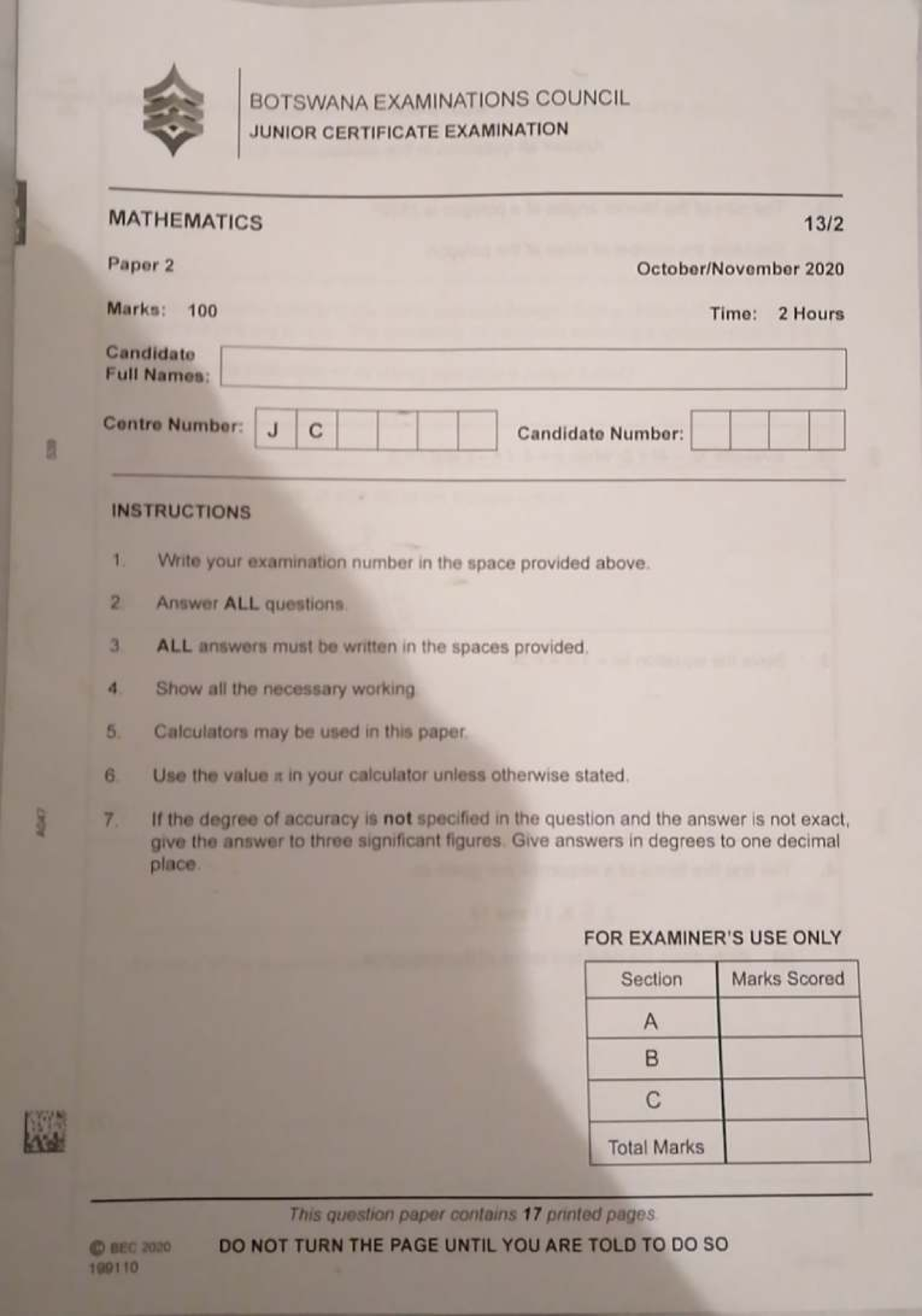 JCE 2020 Mathematics Paper 2 Exam Questions and Solutions - Studocu