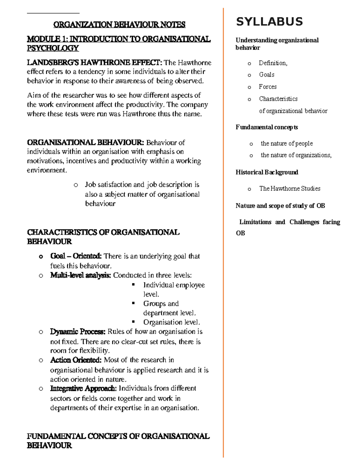 Organisational Psychology (PSY-201) Notes: Key Concepts & Communication ...