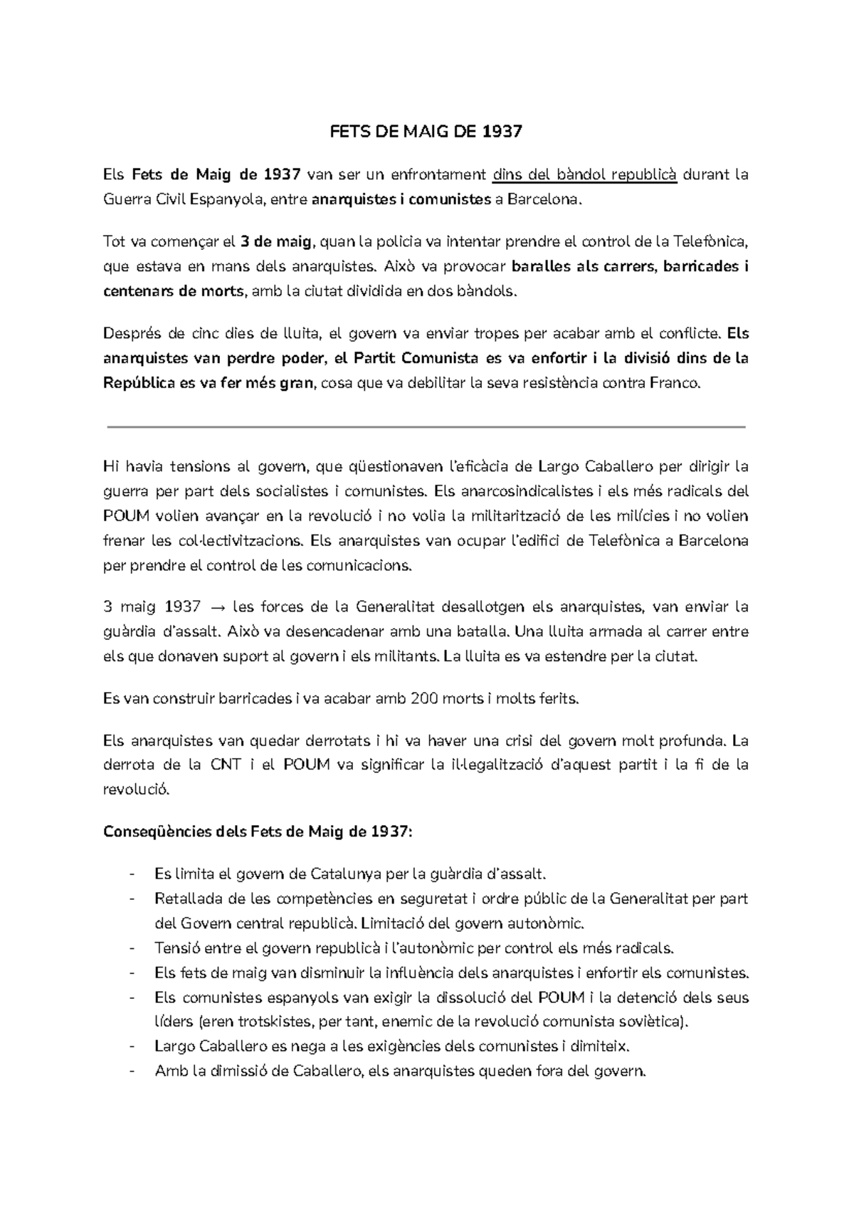 FETS DE MAIG DE 1937: Enfrontament entre Anarquistes i Comunistes - Studocu