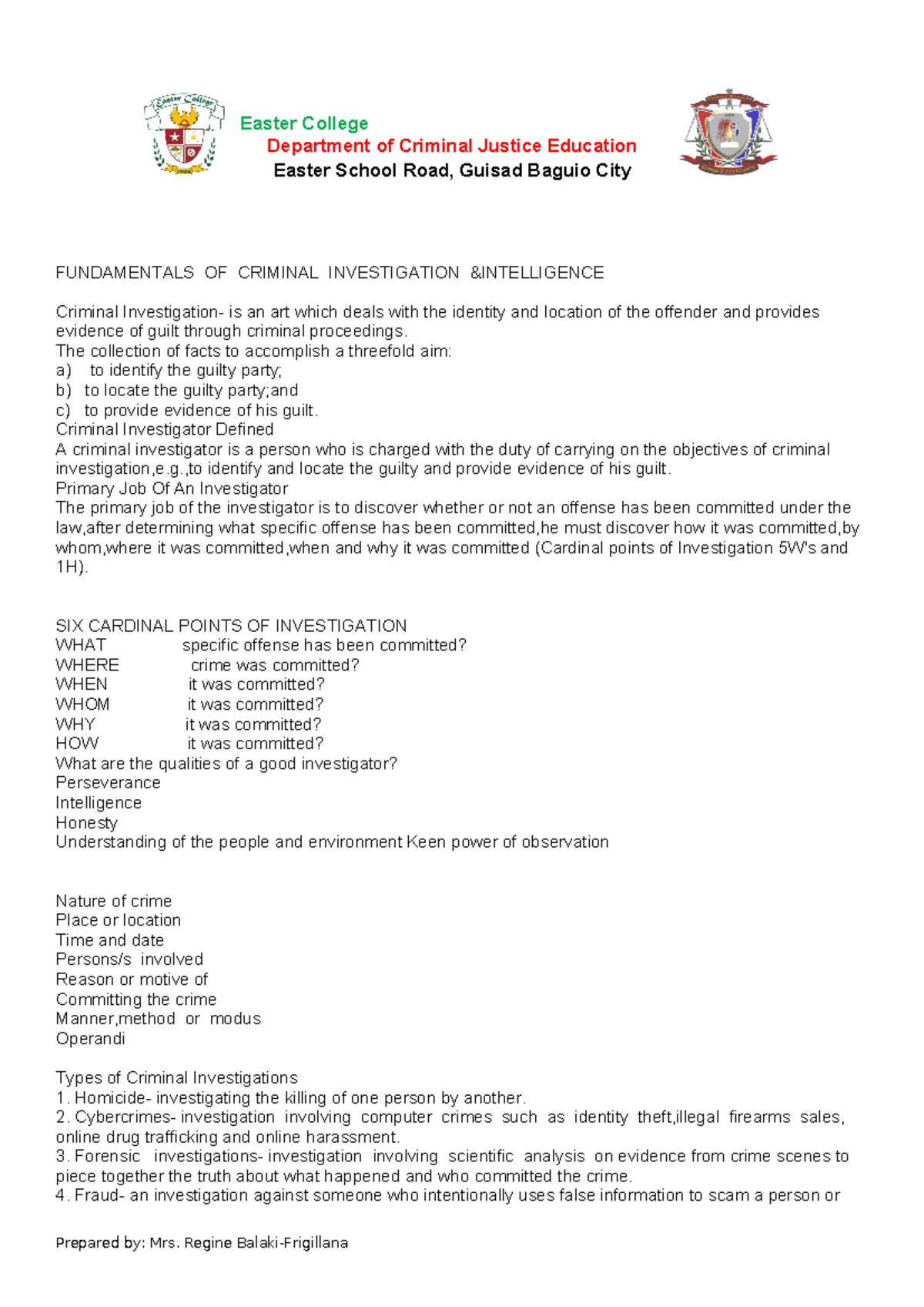 CDI 1 - CDI 1 or Fundamentals of criminal investigation and ...