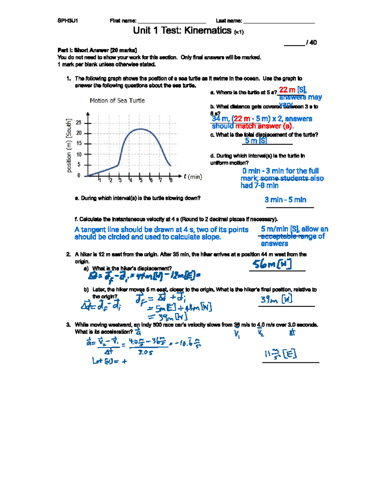 SPH3U1 Unit 1 Test: Kinematics Solutions and Analysis - Studocu
