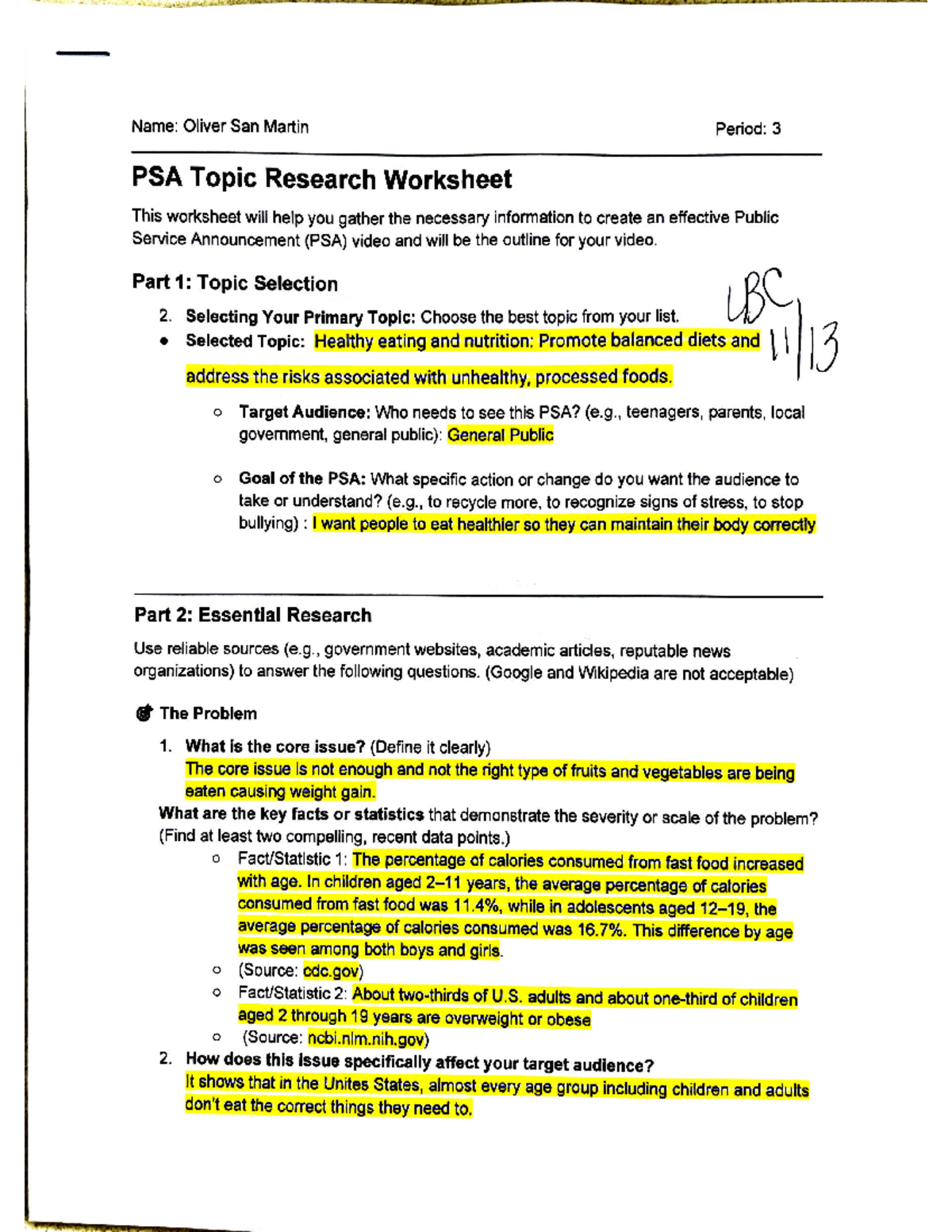 PSA Topic Research Worksheet: Healthy Eating & Nutrition UBC - Studocu