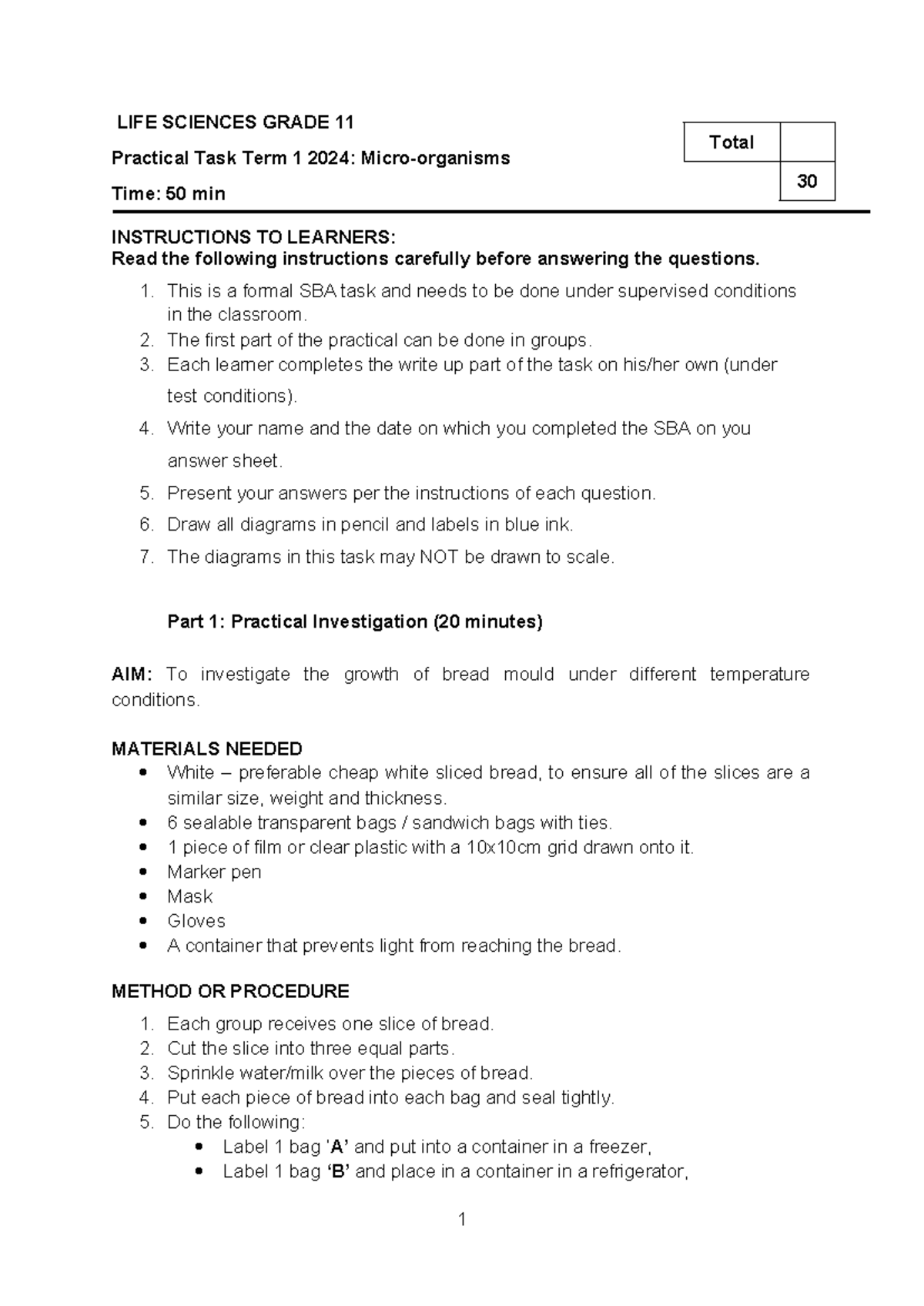 Grade 11 Practical Task Term 1 2024 - LIFE SCIENCES GRADE 11 Practical ...