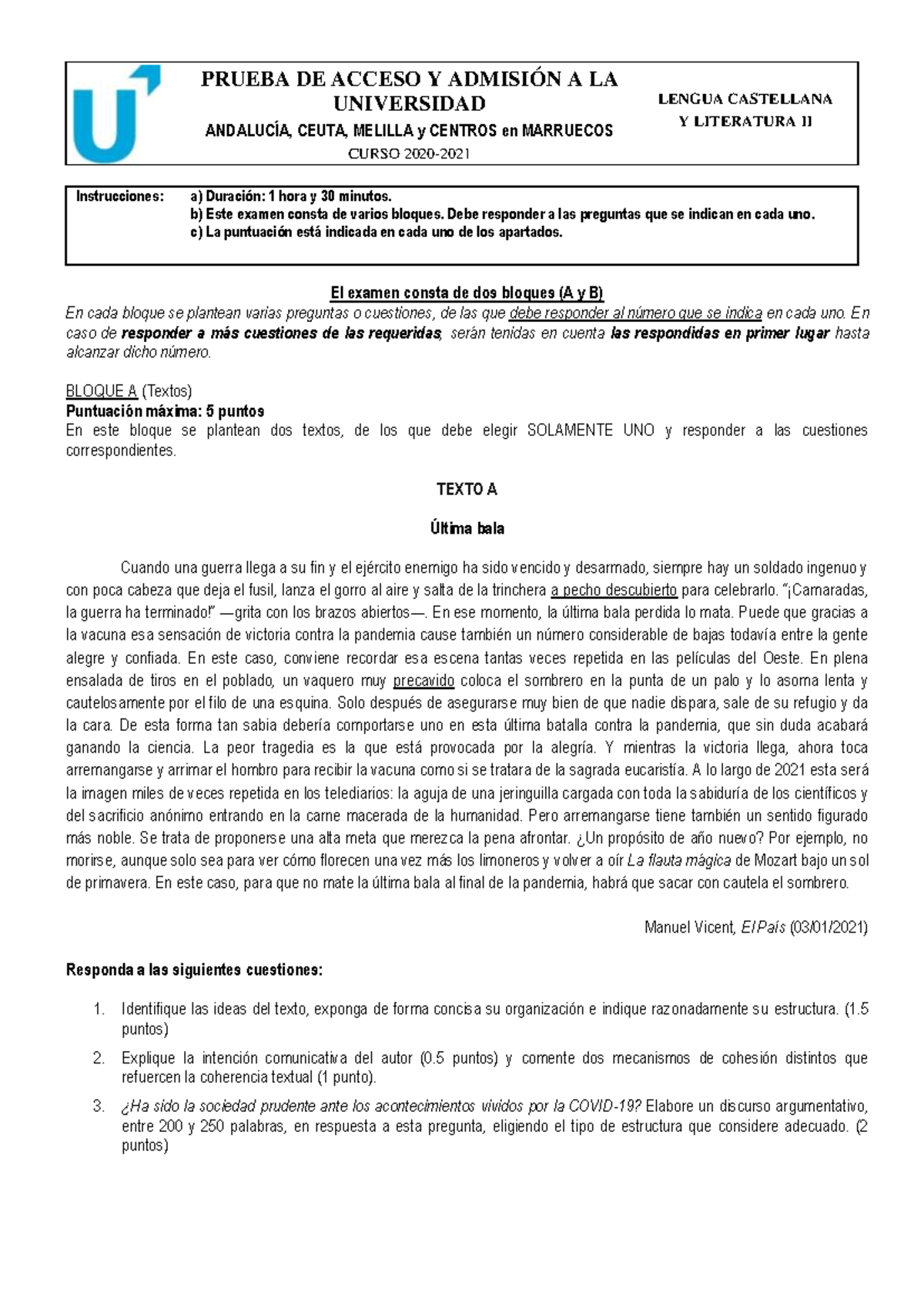 Examen Suplente de Lengua Castellana y Literatura II - Curso 2020 - Studocu