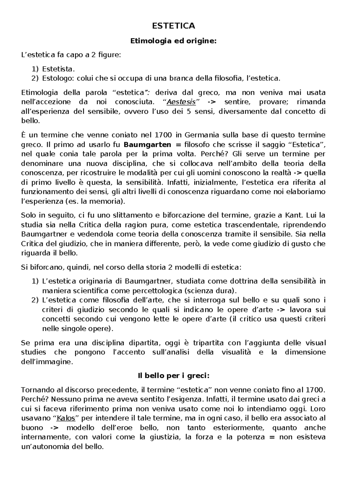 ESTETICA 1: Etimologia e Sviluppo del Concetto di Bellezza - Studocu