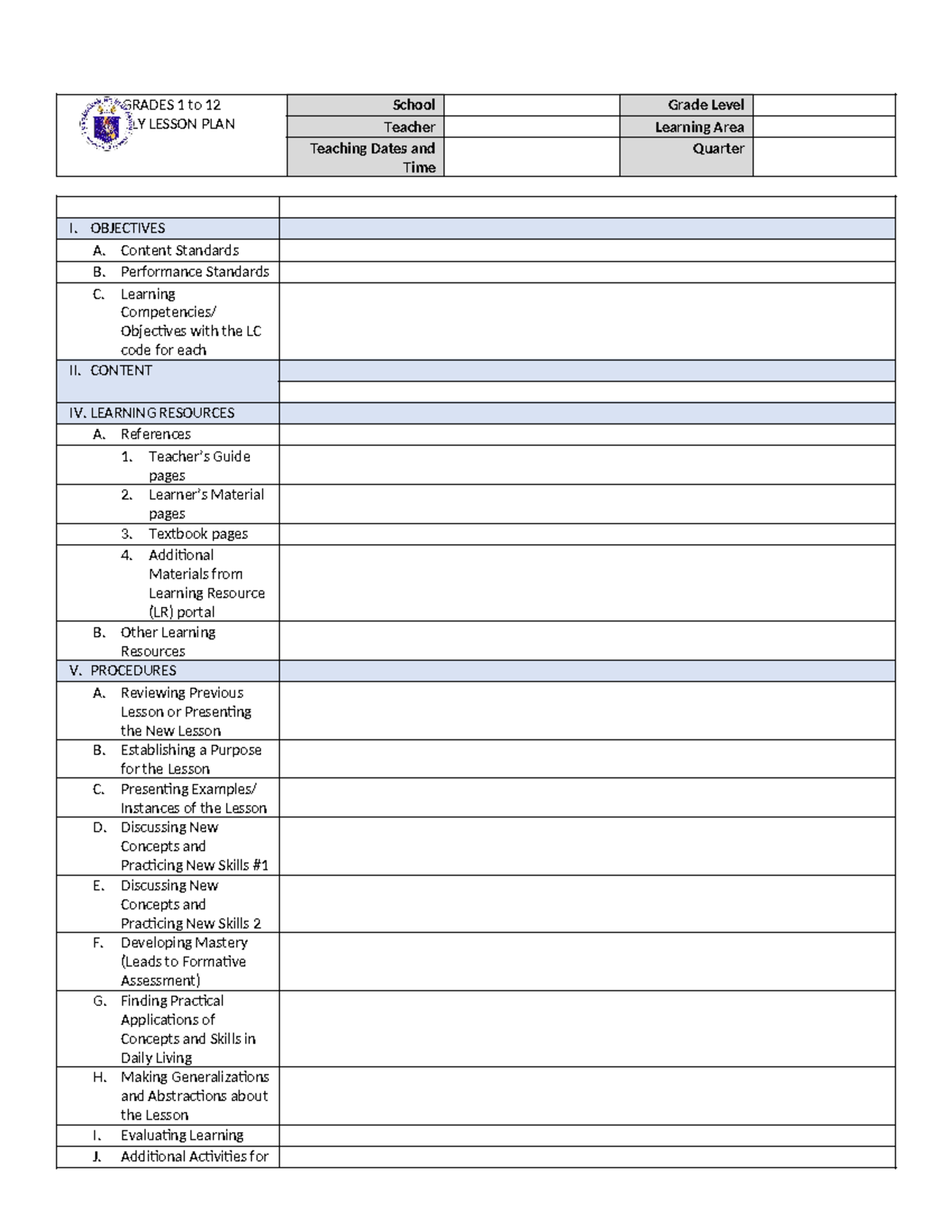 Daily Lesson Plan Format for Grades 1-12 (DO 42 S 2016) - Studocu