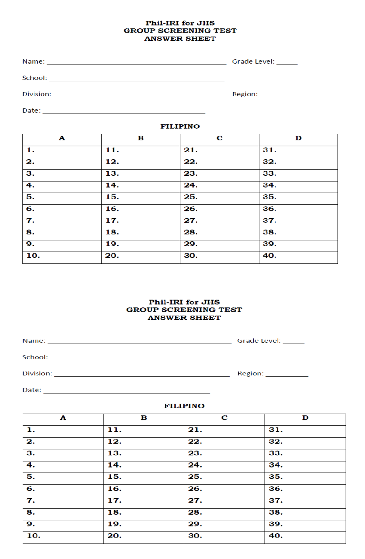 JHS GROUP SCREENING TEST ANSWER SHEET - FILIPINO IRI - Studocu