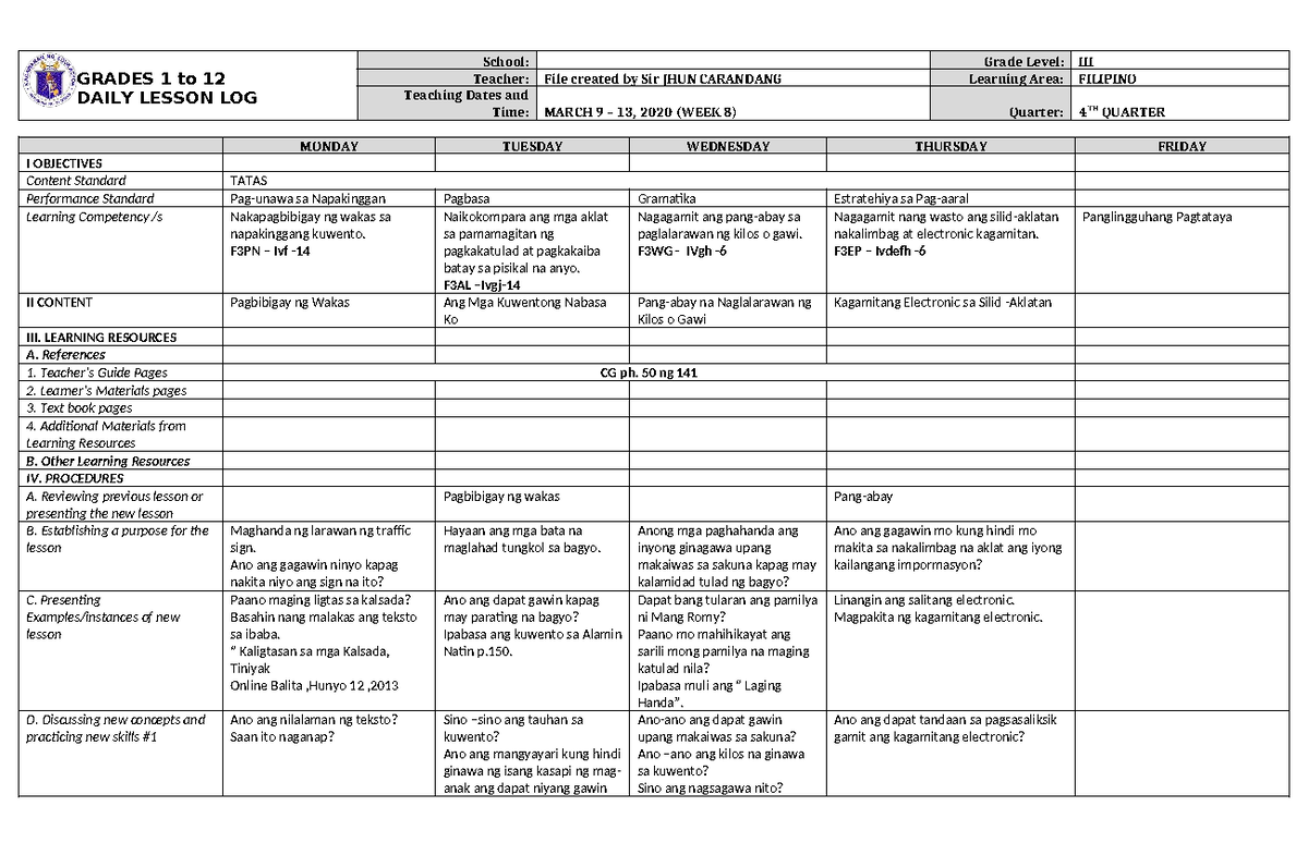 DLL Filipino 3 Q4 W8: Daily Lesson Log for Grades 1-12 - Studocu