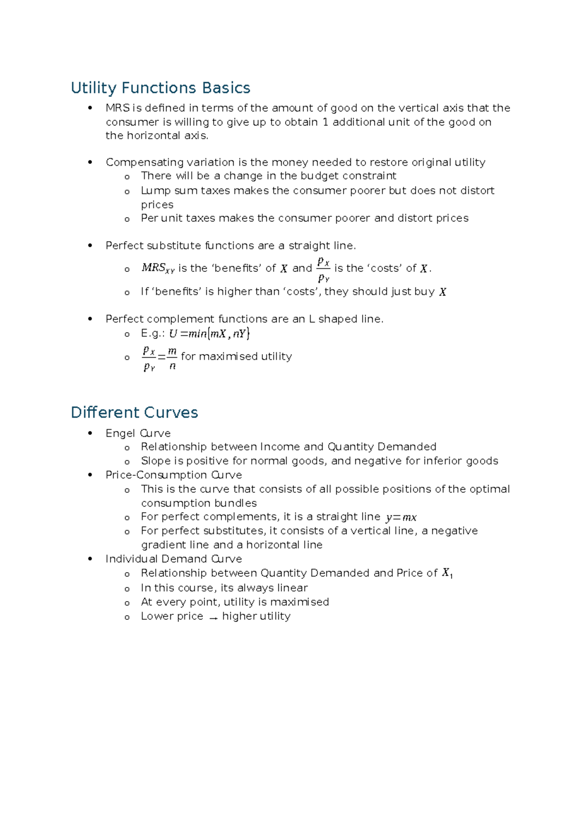 Micro MST Notes: Understanding Utility Functions and Demand Curves ...