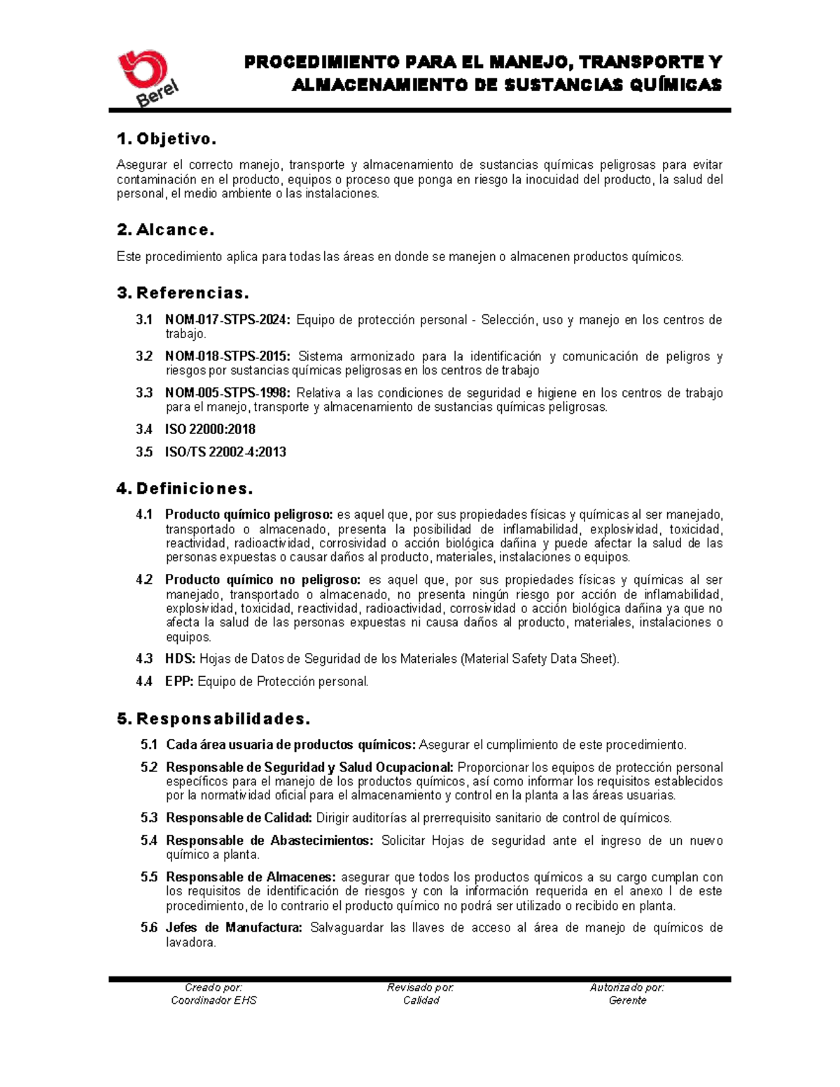 Procedimiento EHS para Manejo y Almacenamiento de Sustancias Químicas ...