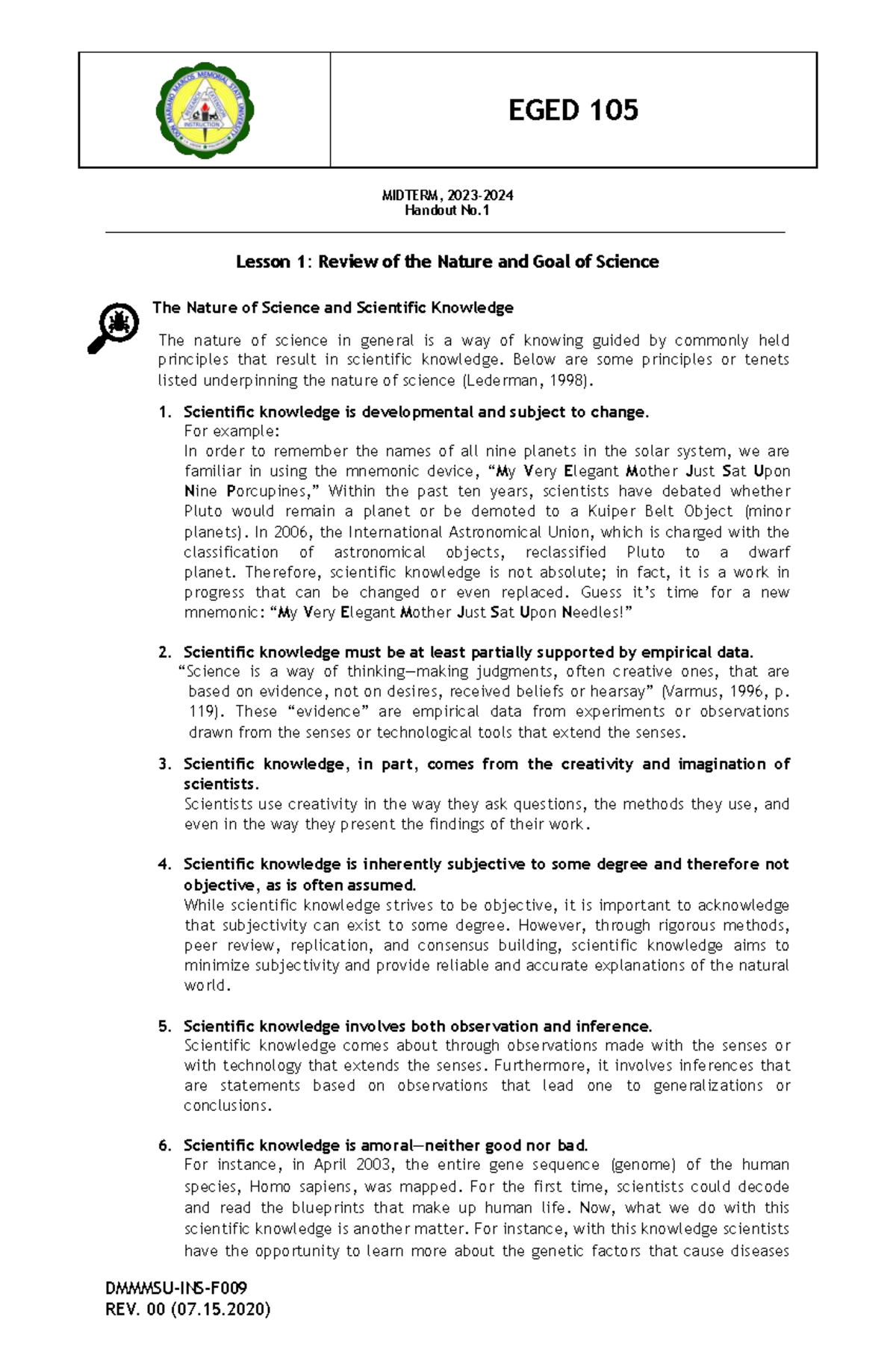 EGED 105 MIDTERM: Nature and Goal of Science Review Notes - Studocu