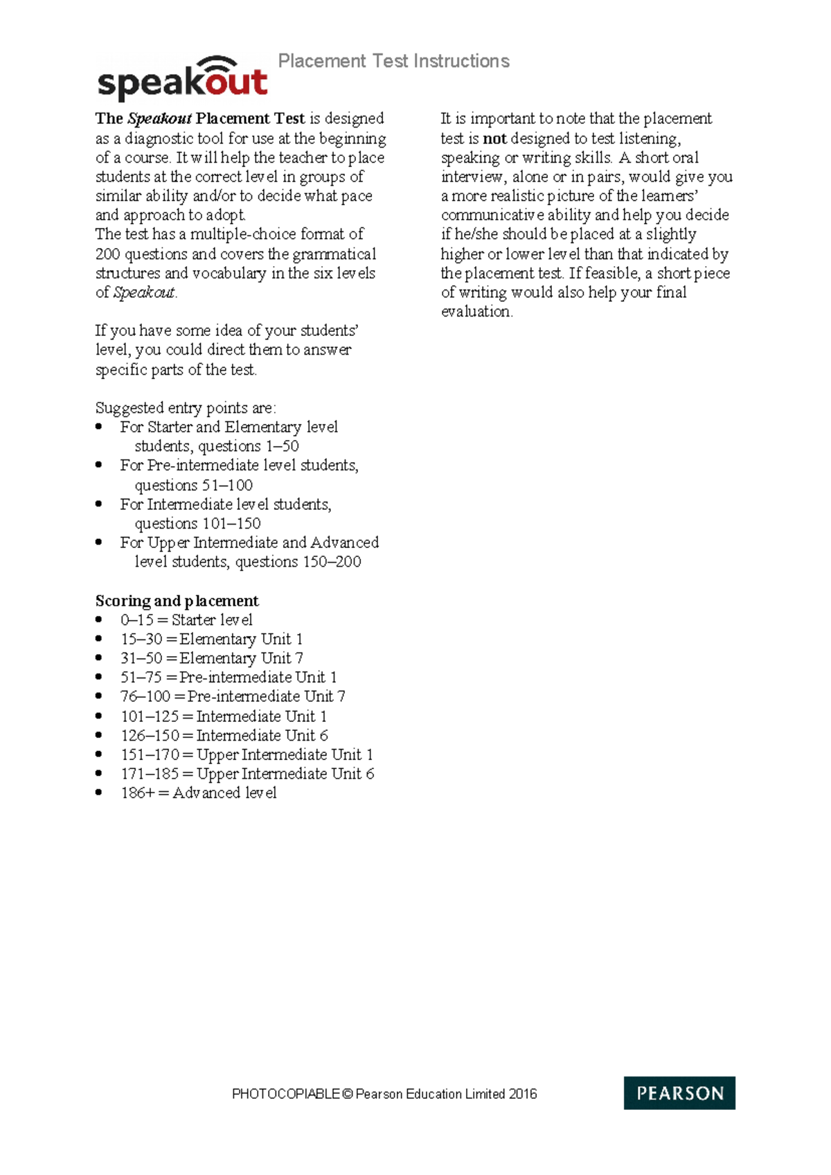 Speakout Placement Test Instructions and Scoring Guide - Document Preview