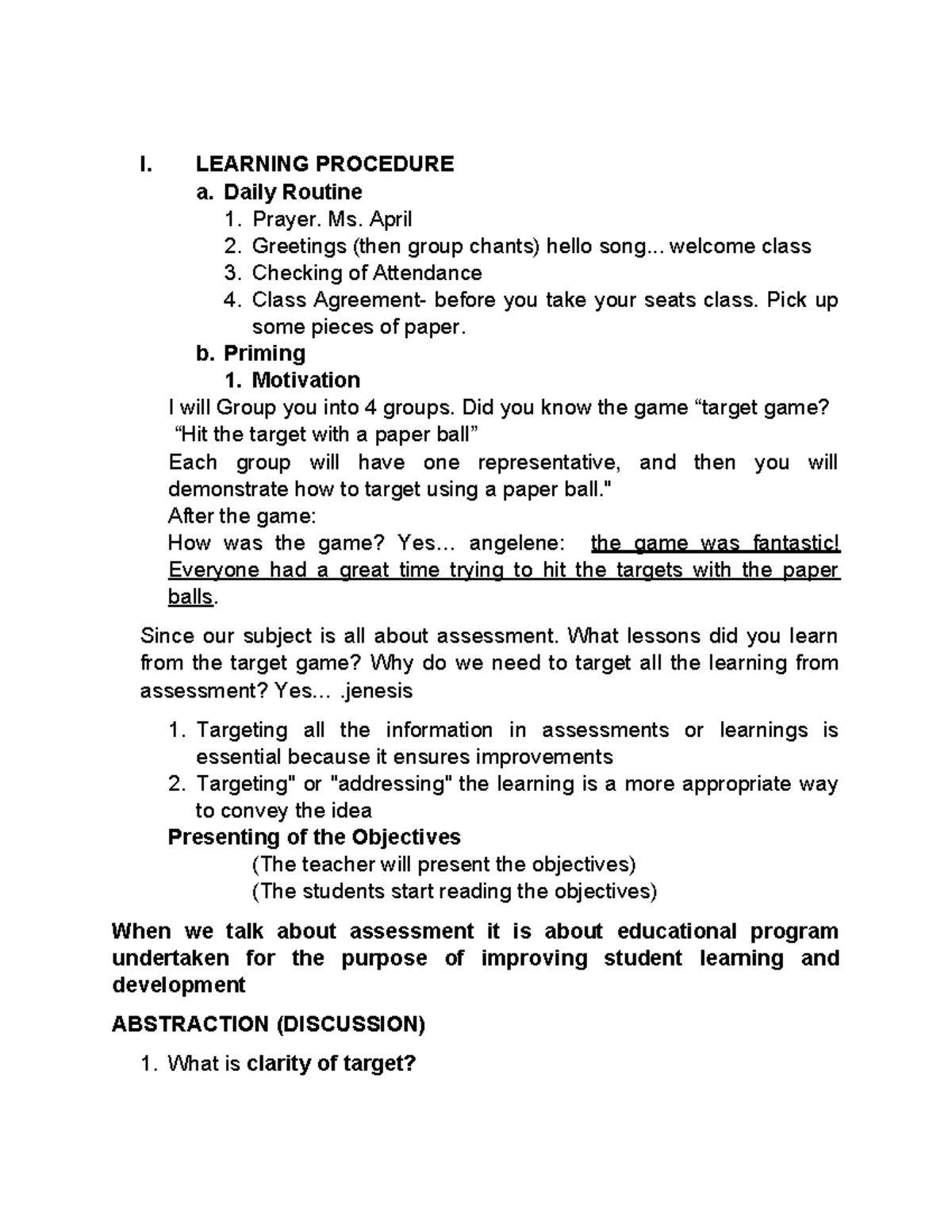 EDUC 7 Lesson Plan: Daily Routine & Assessment Strategies - Studocu