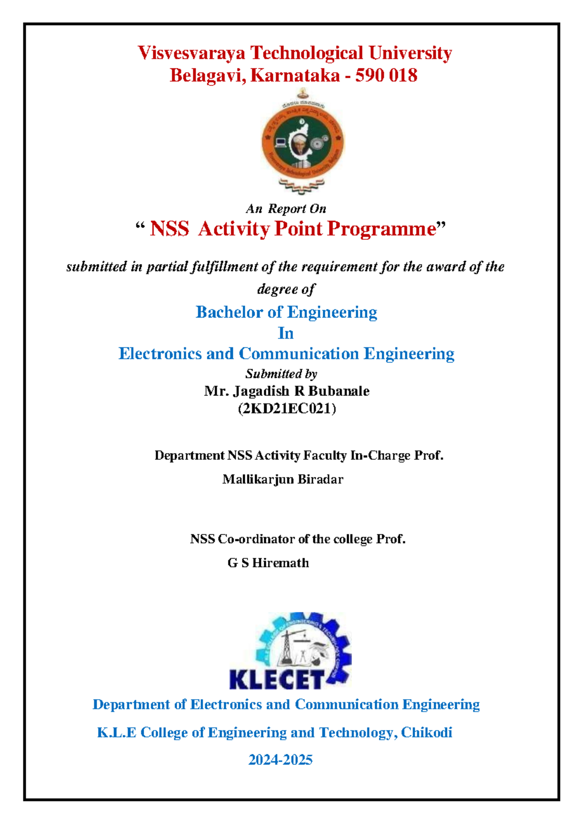 NSS Activity Report (2KD21EC021) - KLE College of Engineering 2024-25 ...
