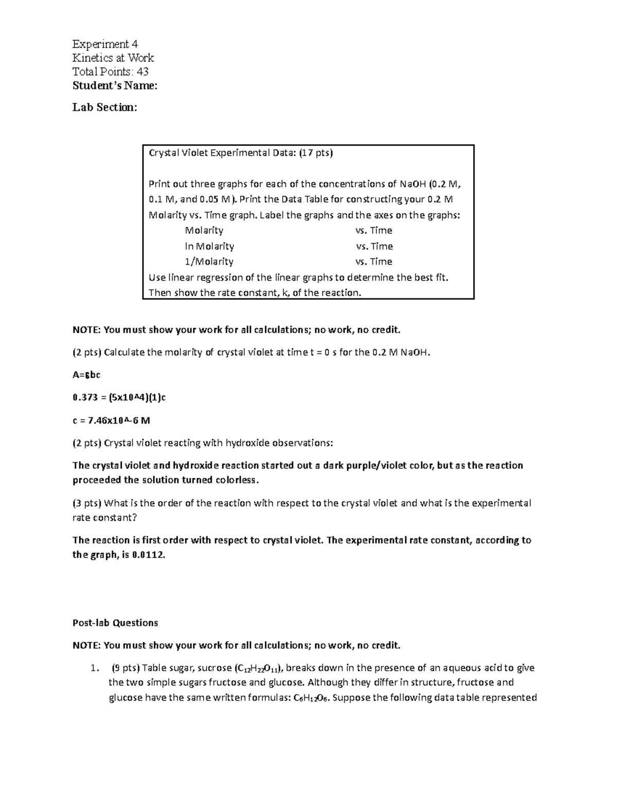 CHEM 110L - Experiment 4 Kinetics at Work - Experiment 4 Kinetics at ...