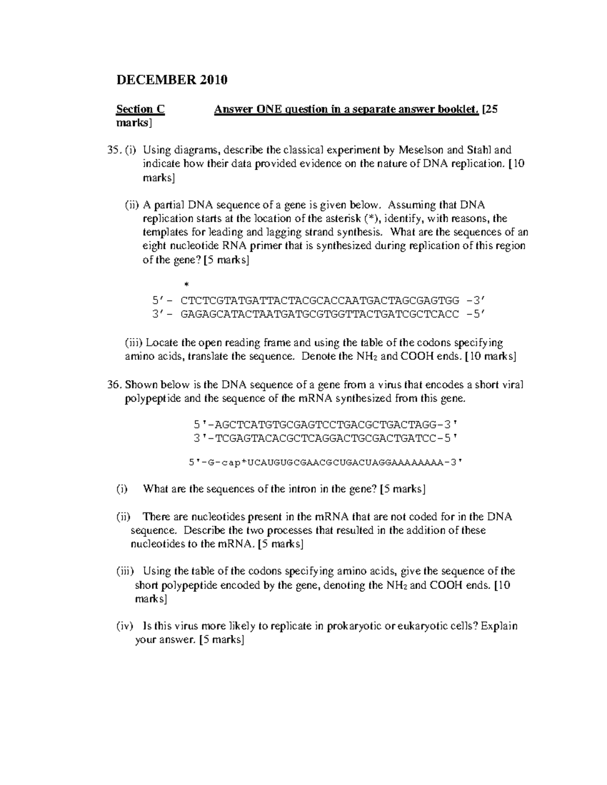 DEC 2010 Biology Exam Questions on DNA and Genetics - Studocu