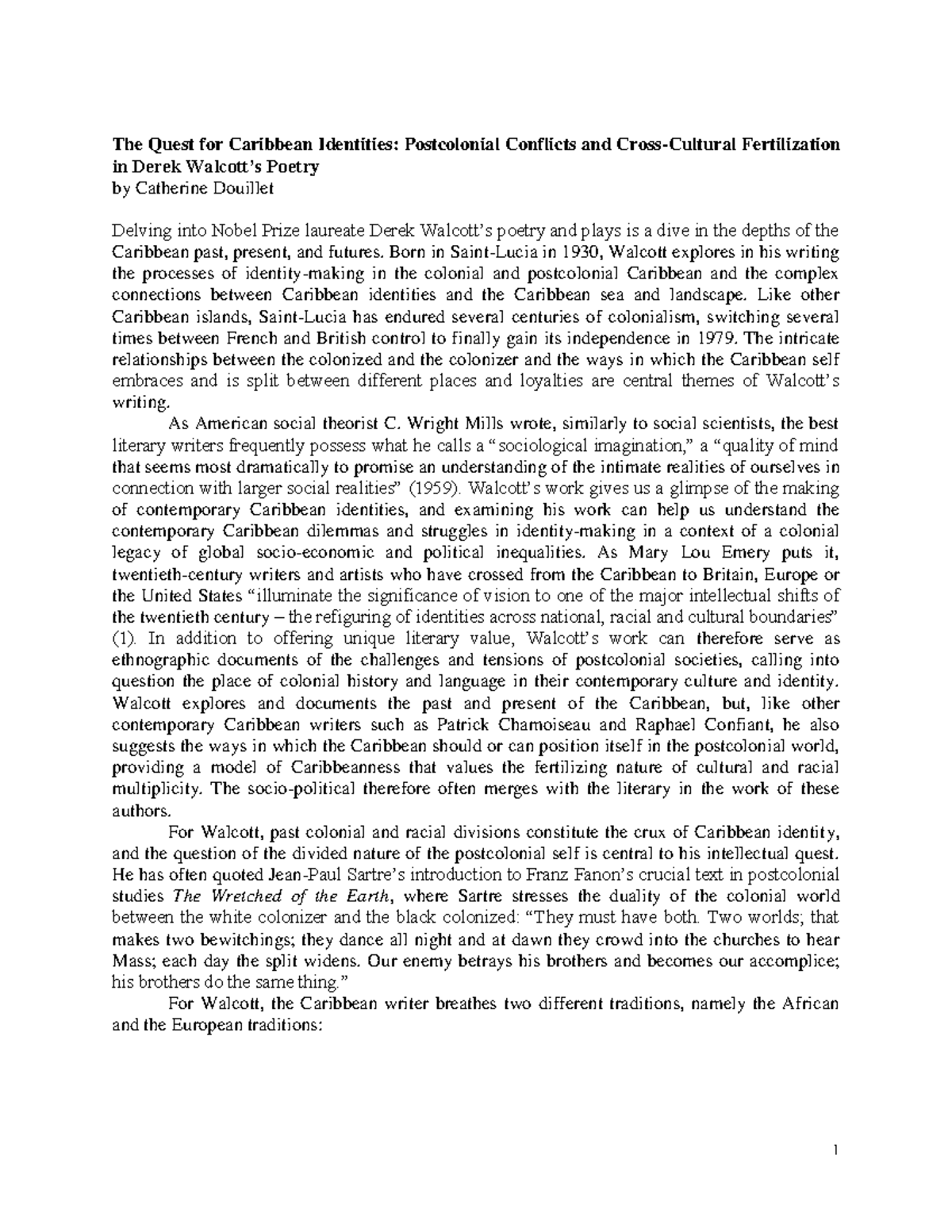 The Quest for Caribbean Identities - Derek Walcott - The Quest for ...