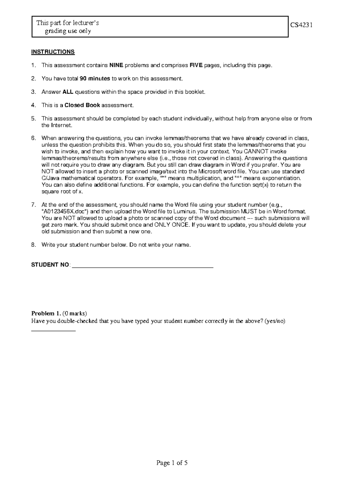 Midterm assessment CS4231: Grading instructions and problem set - Document Preview