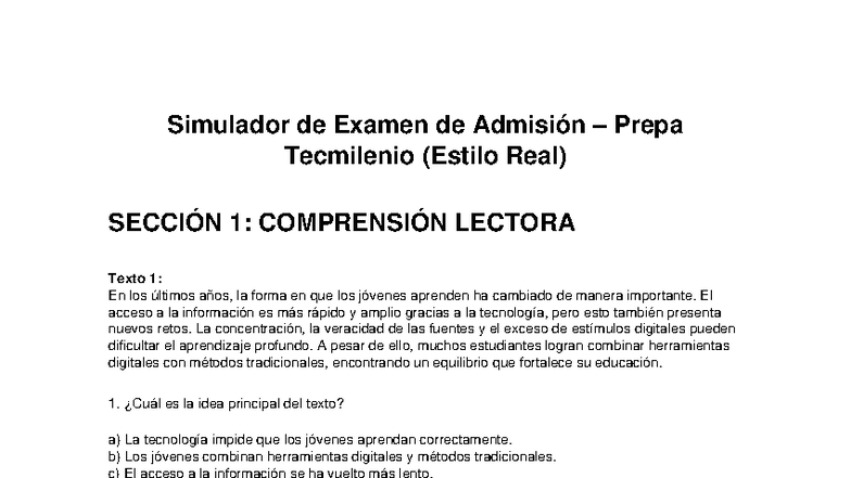 Simulador de Examen de Admisión Prepa Tecmilenio - Estilo Real - Studocu